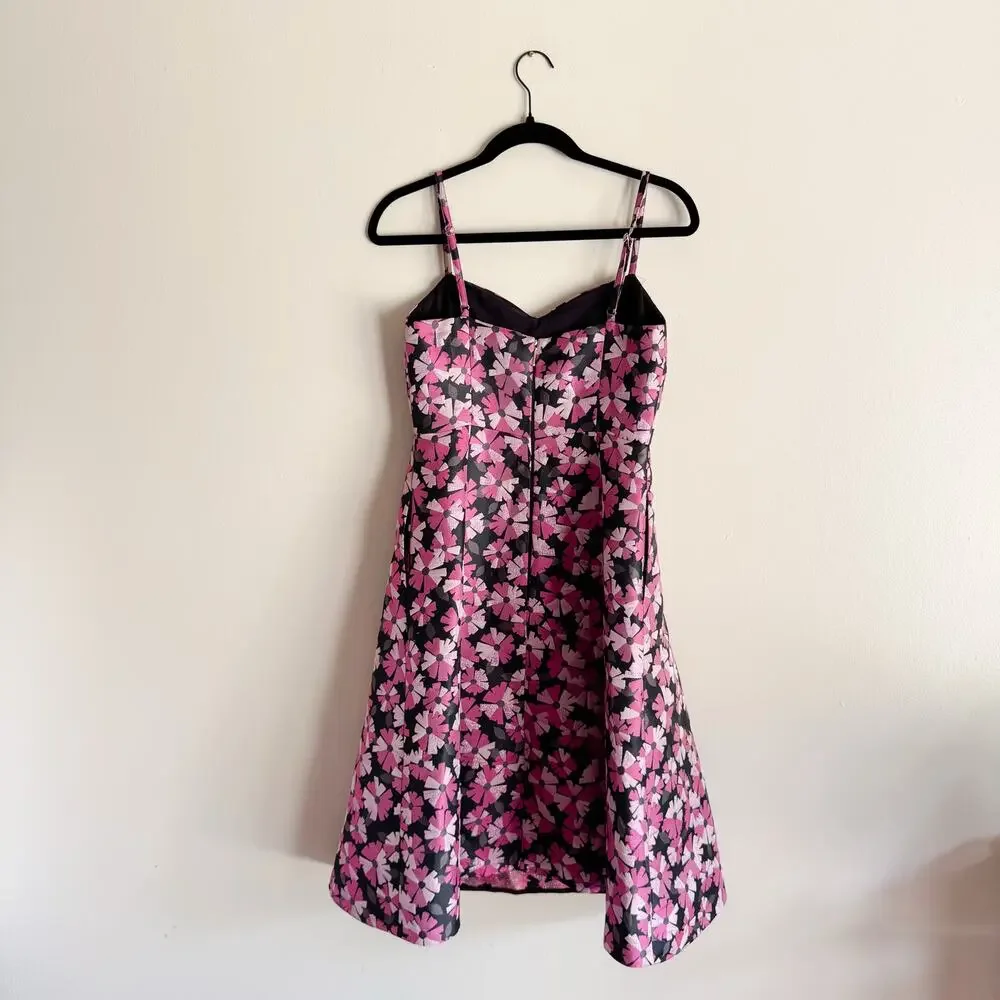 Kate Spade Black + Pink Wallflower Flower Jacquard Metallic Midi Dress - Size 2